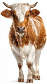 Brown and White Cow Standing Facing Forward in Studio Setting