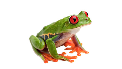 Fototapeta premium Vibrant green red-eyed tree frog sitting on a branch with colorful skin and large expressive eyes isolated on transparent background