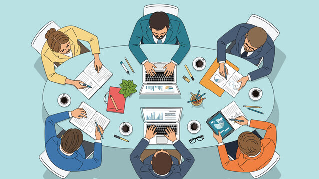Top view of business professionals having a meeting around an oval table with laptops notebooks and coffee cups in a modern office workspace.