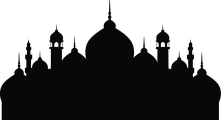 Silhouette of a mosque with tall minarets against a cloudy sky dome © Md Emon