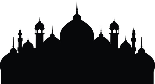 Silhouette of a mosque with tall minarets against a cloudy sky dome