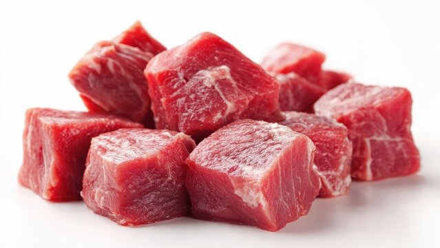 Raw Red Meat Cubes Fresh Tender Beef on White Background