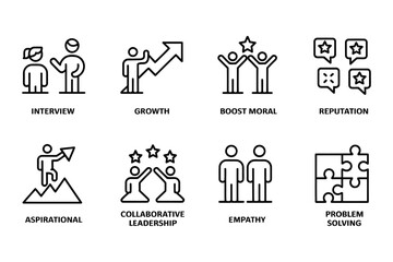 Fototapeta premium Business Concept Icons: Interview, Growth, Boost Moral, Reputation, Aspirational, Collaboration, Empathy, Problem Solving vector illustration
