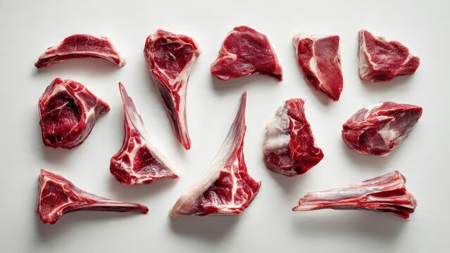 Fresh Red Meat Cuts Assorted Lamb Chops on White Background for Butcher Shop or Culinary Use