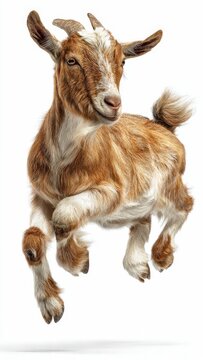 Cute Brown and White Goat Jumping in Midair on White Background