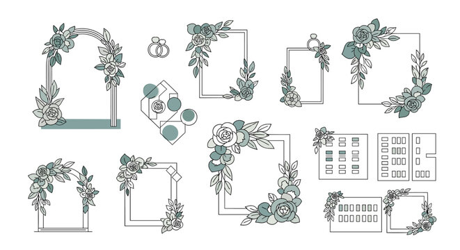 A minimal hand-drawn floral arch with muted green tones, ideal for elegant wedding invitations and romantic event branding.