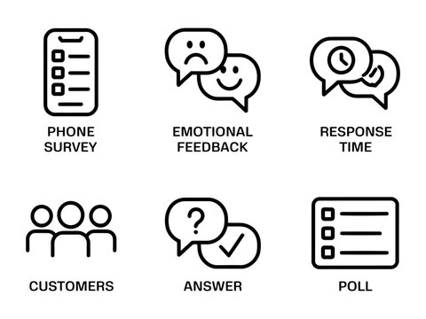 Set of Flat Design Icons: Phone Survey, Emotional Feedback, Response Time, Customers, Answer, Poll Vector Illustration