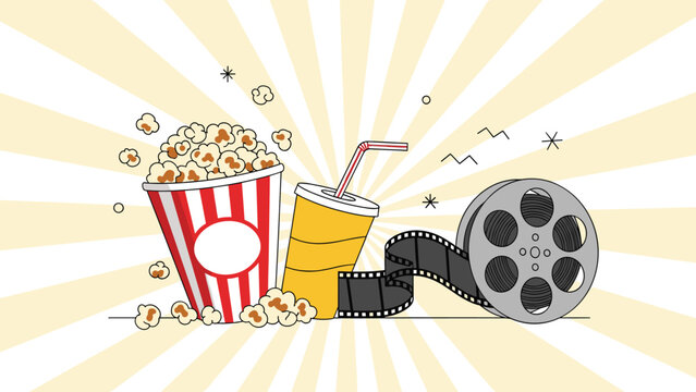 Classic movie theater snacks featuring a large bucket of popcorn a soda cup and a film reel on a yellow sunburst background for cinema theme.