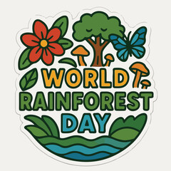 Fototapeta premium Vibrant illustration celebrating world rainforest day featuring various plants trees mushrooms and a blue butterfly in a colorful circular design