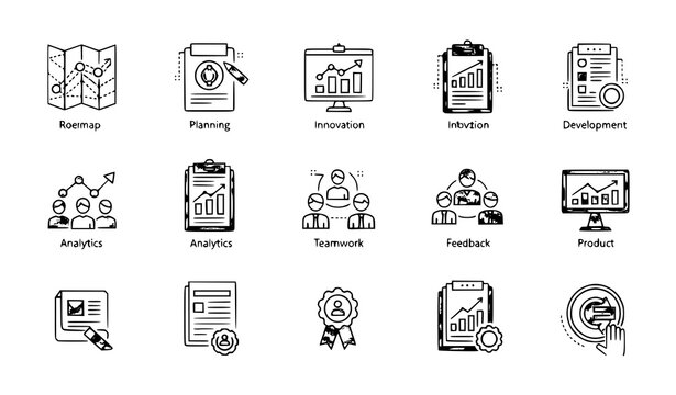 Product management icons vector line style roadmap innovation development set