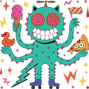 Crazy Cartoon Monster with Ice Cream Pizza and Duck Pop Art Colorful Vector Illustration