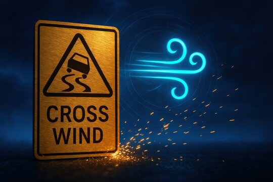 Warning sign illustrates road safety challenges due to crosswind risks, emphasizing transport hazards and driver awareness.