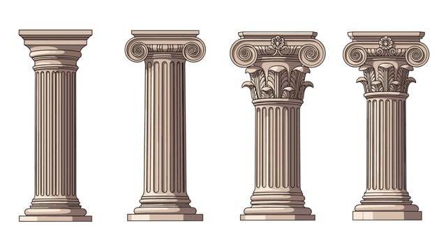 Four distinct classical architectural columns showing different orders including doric, ionic, and corinthian styles.