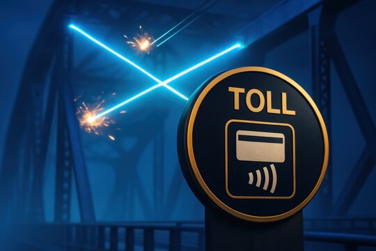 Modern toll system with contactless payment under high-tech security measures, featuring neon lights.