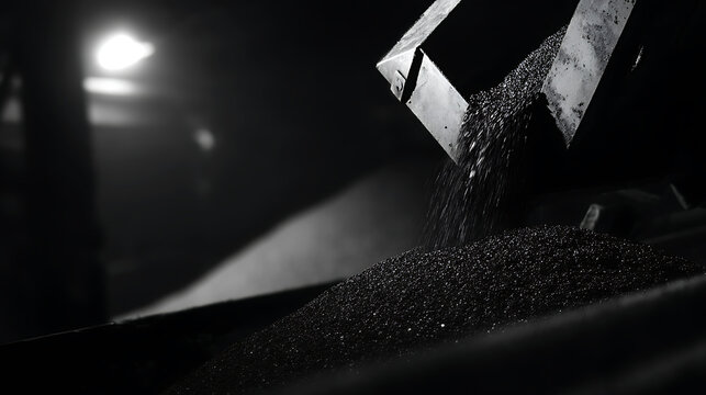 Industrial process of fine granular material cascade from metal chute onto a dark pile, monochrome scene with blurred background