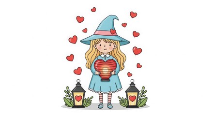Fototapeta premium Cute little witch holding a heart lantern surrounded by floating hearts