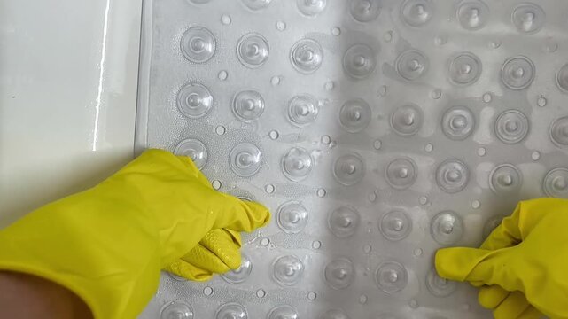 A housekeeper wearing yellow rubber gloves carefully places a transparent non-slip bath mat into a bathtub and secures it using suction cups. everyday home maintenance and hygiene preparation