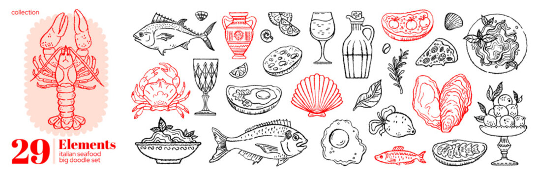 Italian summer food pattern with Mediterranean lemon, sea lobster, wine bottle, crab, oyster, sandwich, tomato. Italian Seafood doodle illustration. Restaurant menu, coastal poster, summer food design