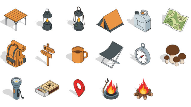 Comprehensive set of isometric camping icons including tent, backpack, compass, campfire, and hiking equipment.