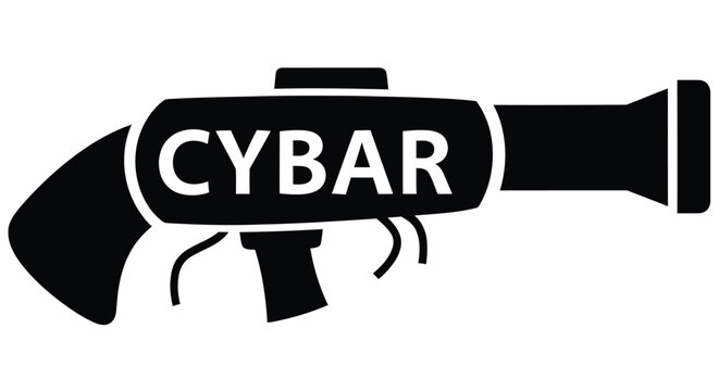 Black silhouette of a futuristic raygun labeled cybar against a white background