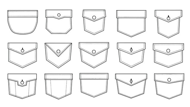 Comprehensive set of fifteen different clothing pocket styles and shapes for fashion design and tailoring.