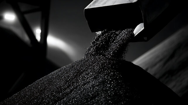 Industrial process of raw material transport: Small dark granules fall from metal chute onto growing pile, creating dynamic texture, black and white