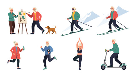 Fototapeta premium Diverse set of active senior citizens participating in various activities like painting, skiing, running, yoga, and riding a scooter.