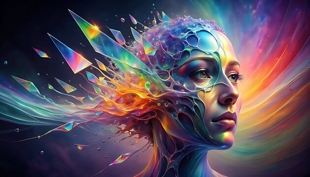 Surreal portrait of a human face dissolving into vibrant colorful geometric crystal fragments.