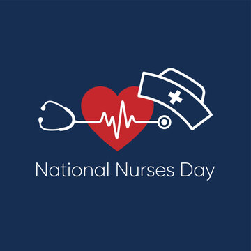 National Nurses Day greeting card design with a red heart stethoscope and a white nurse hat on a dark blue background