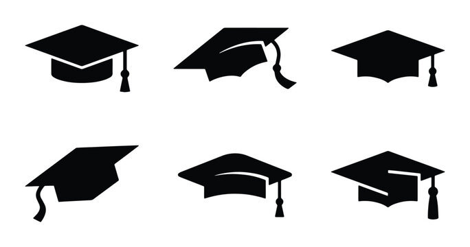 set of six black and white vector silhouettes depicting various styles of graduation caps on plain background