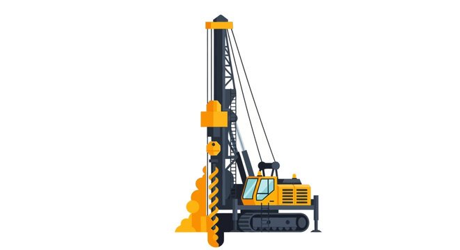 Rotary Drilling Rig and Piling Machine Illustration for Industrial Construction, Foundation Engineering, and Ground Boring Equipment on White Background