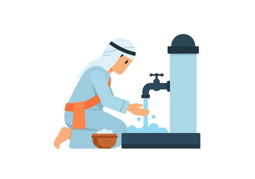 Muslim Man Performing Wudu Ablution at Water Tap for Islamic Prayer