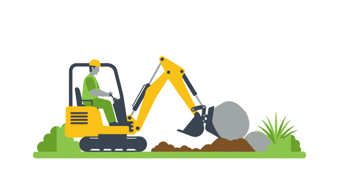 Mini Excavator with Construction Worker Moving Large Rock, Flat Vector Illustration for Landscaping and Industry