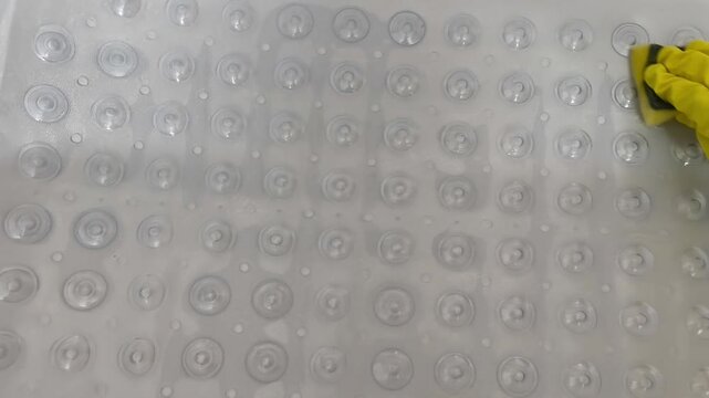 Cinematic close-up footage of a woman wearing bright yellow rubber gloves scrubbing a bathroom mat with a sponge during a thorough cleaning routine.