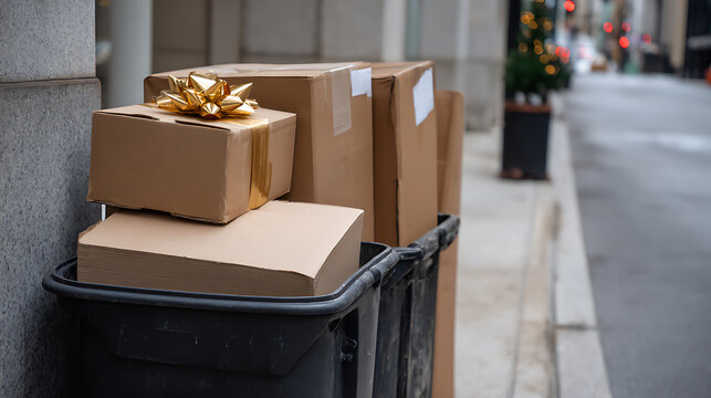 Multiple brown cardboard boxes, one with a golden bow, sit atop a black bin on a city street sidewalk, ready for shipment or delivery