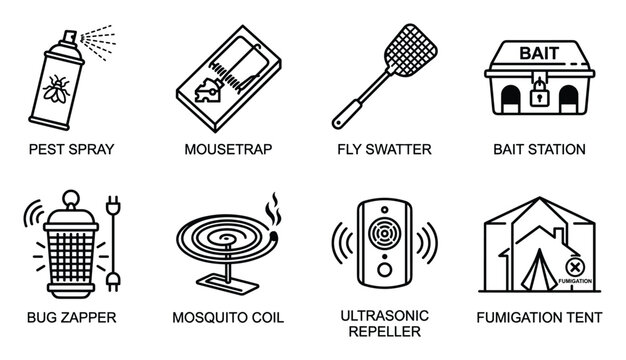 Pest control equipment icons pest spray mousetrap fly swatter bait station bug zapper mosquito coil repeller fumigation tent.