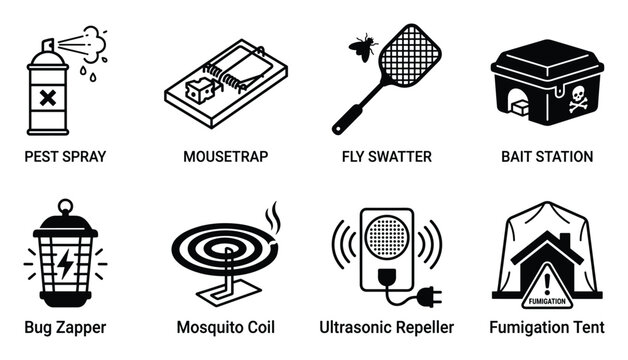 Pest control icons mousetrap fly swatter bait station bug zapper mosquito coil ultrasonic repeller fumigation.