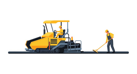 Obraz premium Road Construction Vector Illustration with Asphalt Paver Machine and Workers. Flat style industrial design for infrastructure projects, maintenance, and civil engineering.