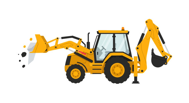 Yellow Backhoe Loader Illustration with Front Bucket Carrying Rocks, Heavy Construction Machinery Excavator Vector Isolated on White Background