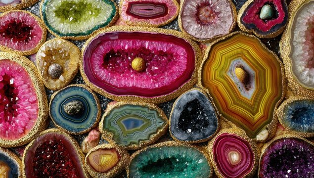 A Vibrant Collection of Natural Geode Slices Displayed in a Mosaic Pattern.