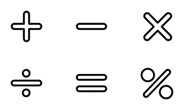 Basic Math Symbols Vector Icons: Plus, Minus, Multiply, Divide, Equals, Percent, Simple Arithmetic Operations, Educational Graphics, Clean Design