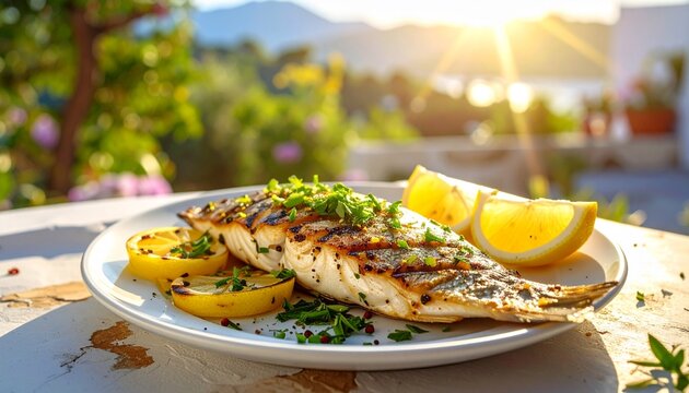 Gegrillter Fisch mit Zitrone mediterran serviert