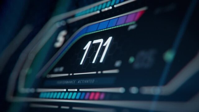 3D animation: Digital Speedometer Showing Quick Acceleration of a Vehicle. Close-up Shot of Electronic Gauge Cluster of a Modern Sports Car. Concept: Speed, Acceleration Performance and Power.