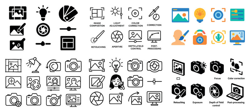 Photography icons with camera lens aperture outline