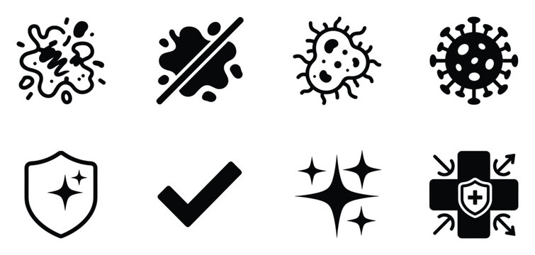 Symbols for cleaning and hygiene indicating dirt removal germ elimination and protection against viruses.