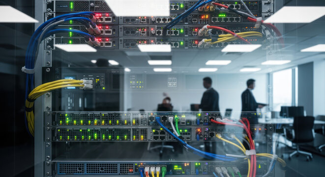 Server Rack with Colored Network Cables in a Modern Office Data Center