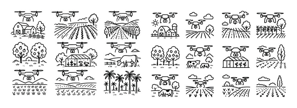 Agriculture icons with drone field tree outline
