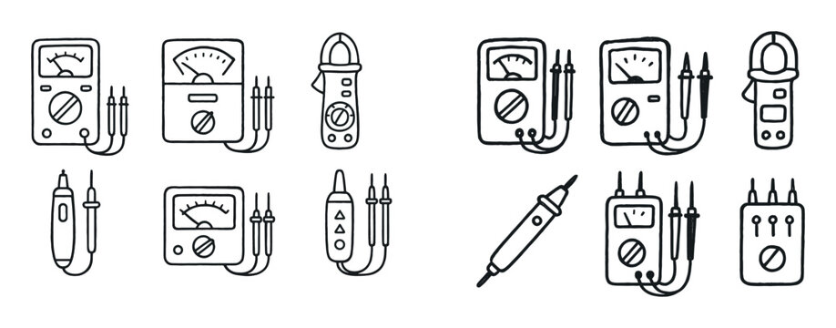 Electronics icons with multimeter probe clamp outline