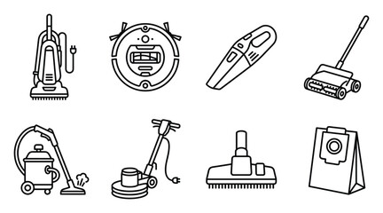 Vacuum cleaner icons including upright robot handheld steam mop and floor polisher for cleaning. © GoDesigner