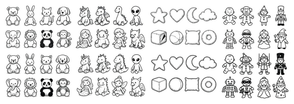 Toy icons with bear rabbit doll outline cute